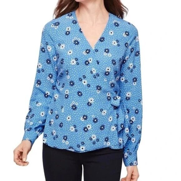 Talbots Tops - New Talbots Poet Sleeve Blue Daisy Print Wrap Top V Neck Shirt Sz L